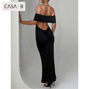 SOON to CASA B| Valora Noir Off shoulder Ruched Open Back Evening Dress